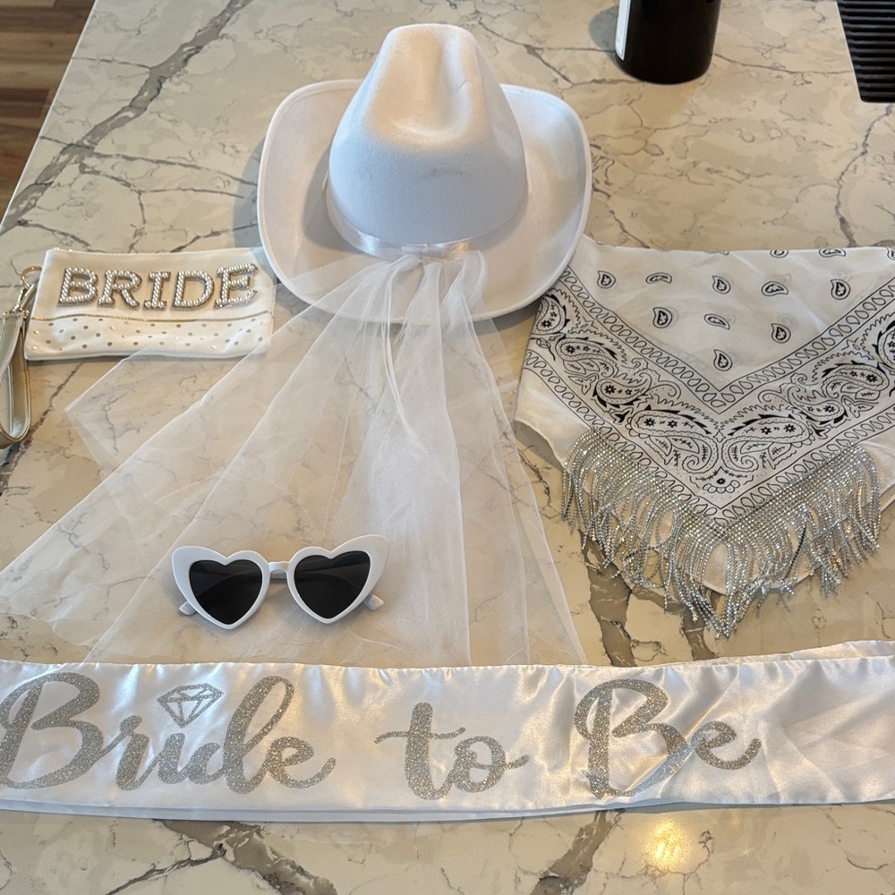 White Bridal Cowgirl Hat and Accessories Set